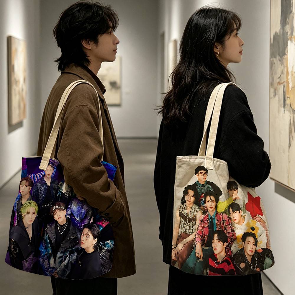Linen Bag Bulk - กระเป๋าโท้ทแบบพับได้ น้ำหนักเบา ลายวงเคป็อป A-Ateez ใช้ซ้ำได้ เหมาะสำหรับใส่ของช้อปปิ้ง