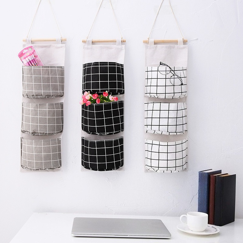 Linen Bag Bulk - กระเป๋าเก็บของแขวนผนังผ้าฝ้ายลินินลายสก็อต 3 ช่อง สำหรับจัดระเบียบประตู ห้องนอน ห้องน้ำ